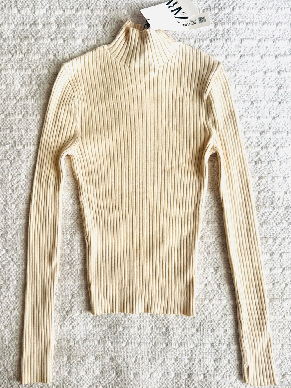 NWT Zara Classic Ribbed Mock Neck Top - Cream Sz Small